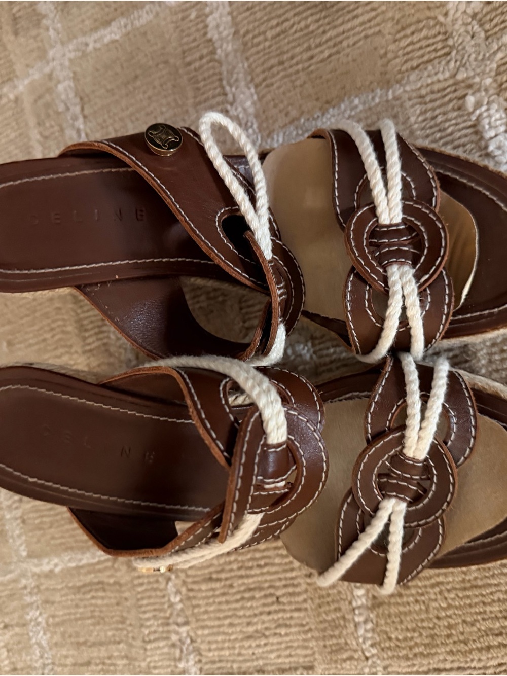 Celine Brown Leather Rope-Trim Slide Sandals